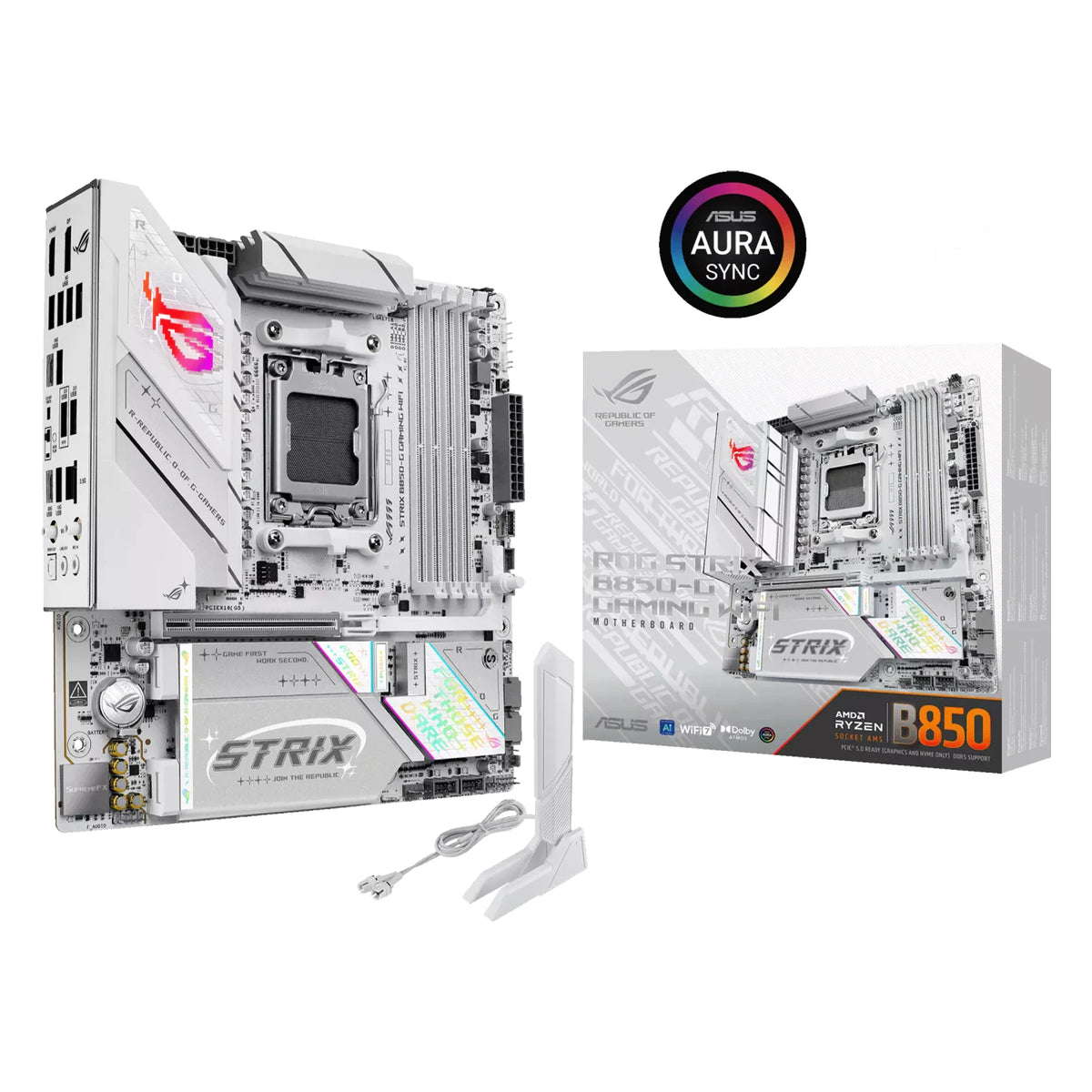 ASUS ROG STRIX B850-G GAMING WIFI — vue en perspective à 45 degrés sur fond blanc carré — réf. 90MB1M30-M0EAY0