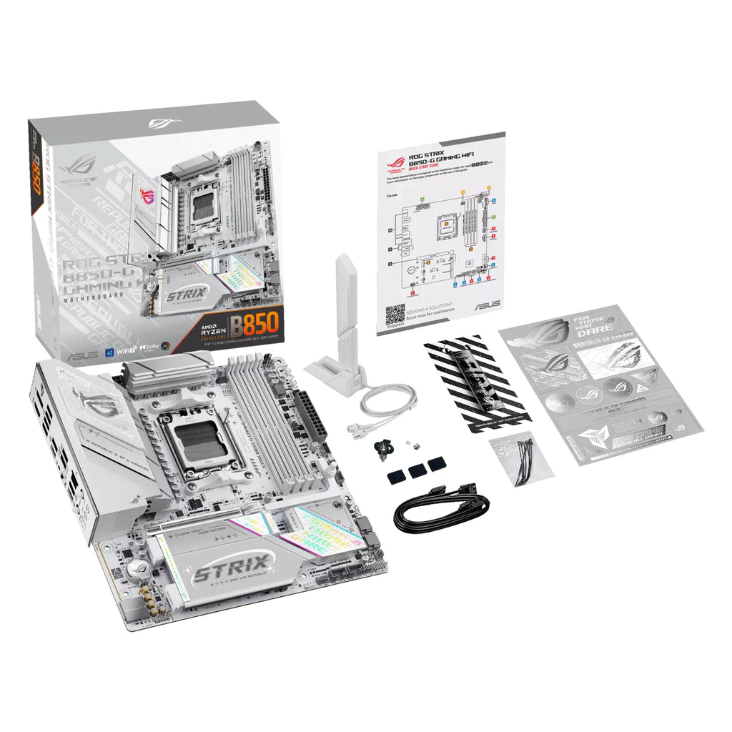 ASUS ROG STRIX B850-G GAMING WIFI — contenu de la boîte sur fond blanc carré — réf. 90MB1M30-M0EAY0