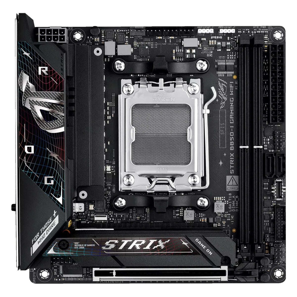 ASUS ROG STRIX B850-I GAMING WIFI — vue principale sur fond blanc carré — réf. 90MB1K30-M0EAY0