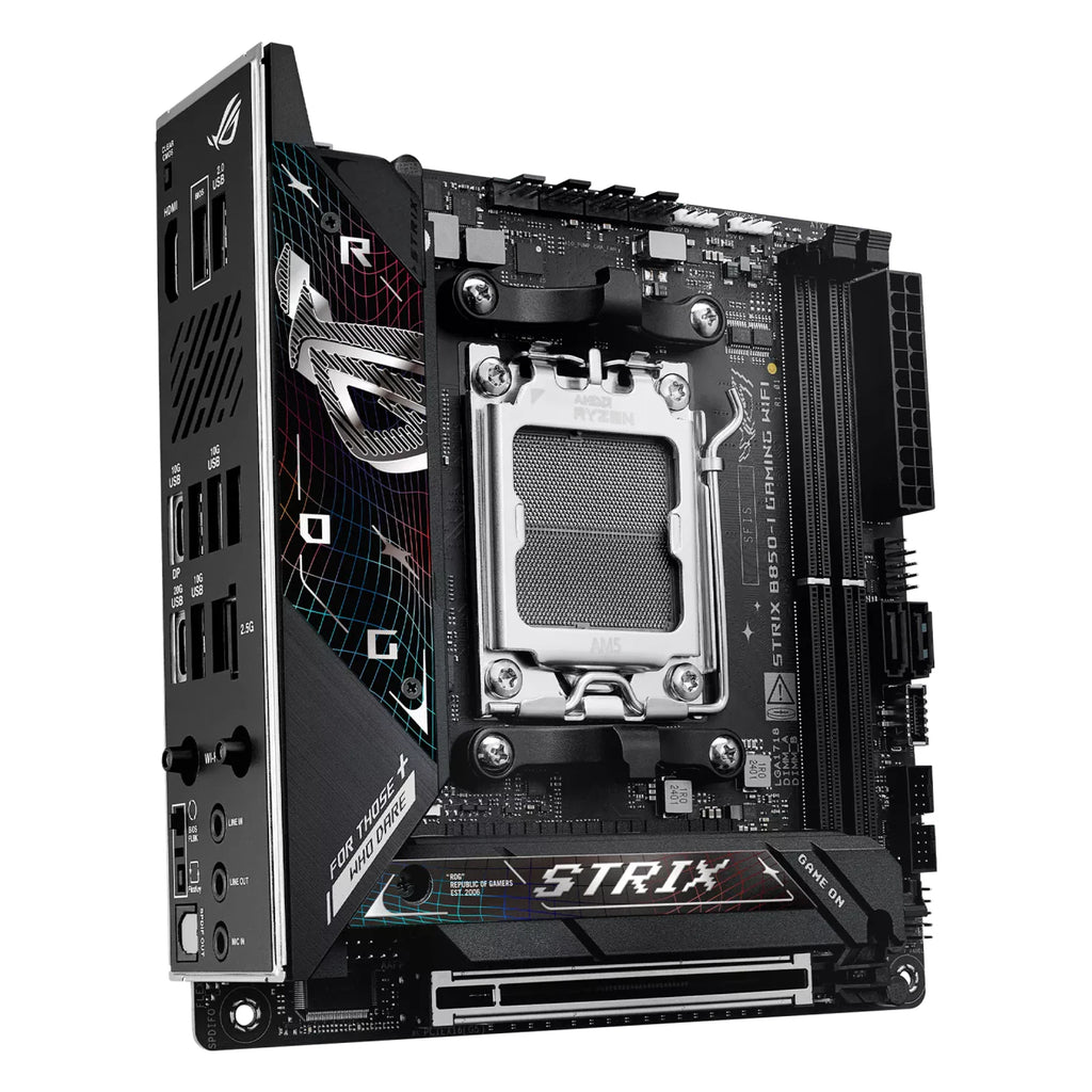ASUS ROG STRIX B850-I GAMING WIFI — vue en perspective à 45 degrés sur fond blanc carré — réf. 90MB1K30-M0EAY0
