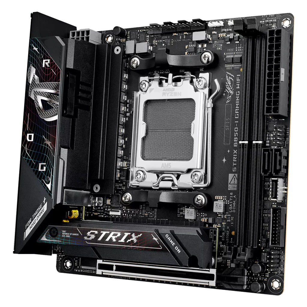 ASUS ROG STRIX B850-I GAMING WIFI — vue en perspective à 60 degrés sur fond blanc carré — réf. 90MB1K30-M0EAY0