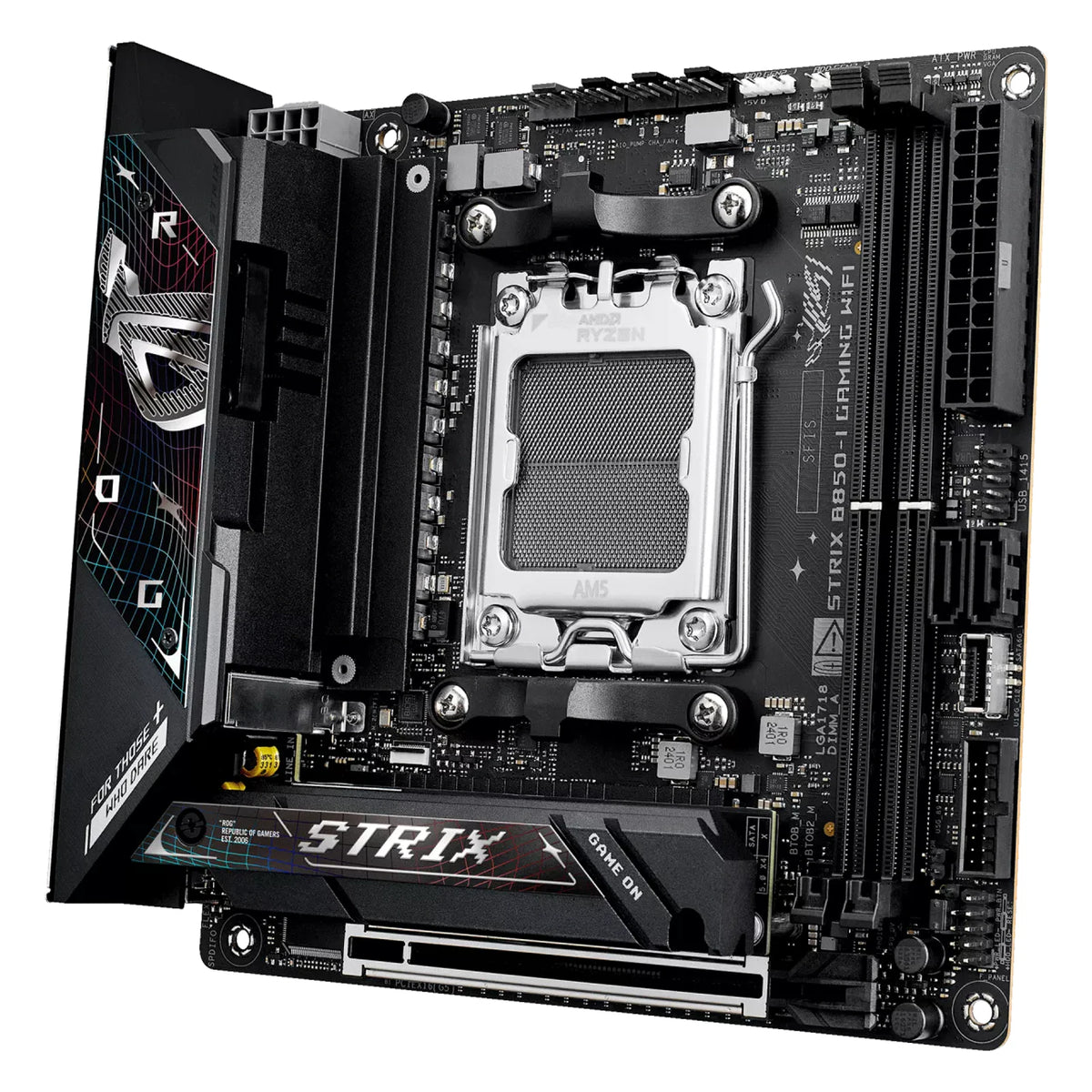 ASUS ROG STRIX B850-I GAMING WIFI — vue en perspective à 60 degrés sur fond blanc carré — réf. 90MB1K30-M0EAY0