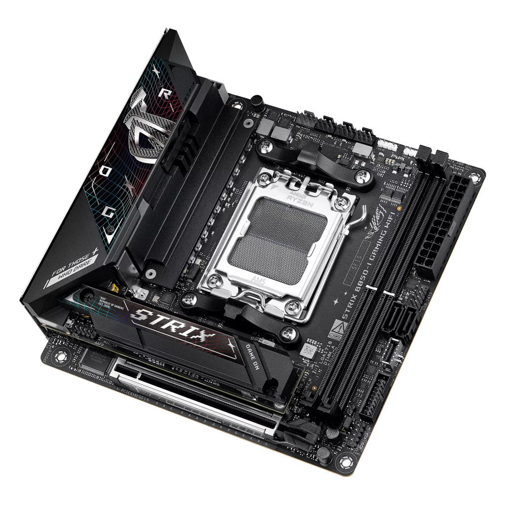 ASUS ROG STRIX B850-I GAMING WIFI — vue de dessus sur fond blanc carré — réf. 90MB1K30-M0EAY0