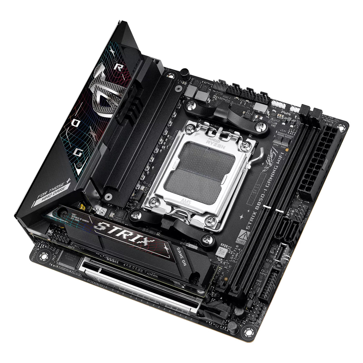 ASUS ROG STRIX B850-I GAMING WIFI — vue de dessus sur fond blanc carré — réf. 90MB1K30-M0EAY0
