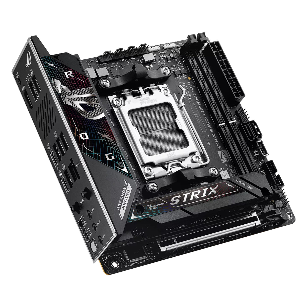 ASUS ROG STRIX B850-I GAMING WIFI — vue de dessus sur fond blanc carré — réf. 90MB1K30-M0EAY0