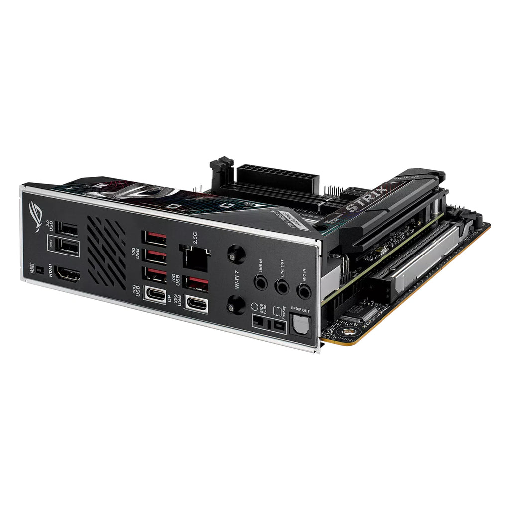 ASUS ROG STRIX B850-I GAMING WIFI — connectique arrière sur fond blanc carré — réf. 90MB1K30-M0EAY0