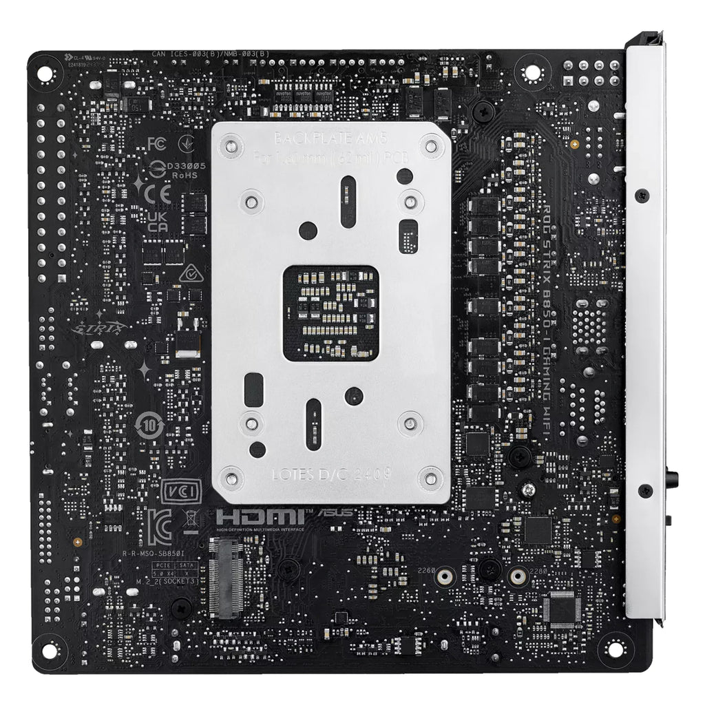 ASUS ROG STRIX B850-I GAMING WIFI — vue arrière sur fond blanc carré — réf. 90MB1K30-M0EAY0