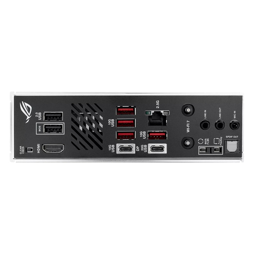 ASUS ROG STRIX B850-I GAMING WIFI — connectique arrière sur fond blanc carré — réf. 90MB1K30-M0EAY0