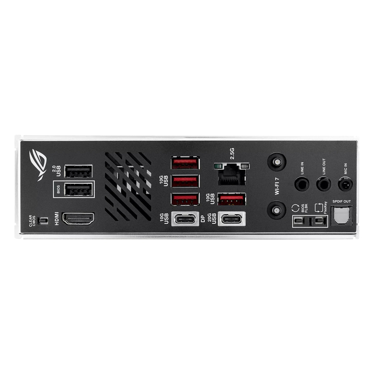 ASUS ROG STRIX B850-I GAMING WIFI — connectique arrière sur fond blanc carré — réf. 90MB1K30-M0EAY0