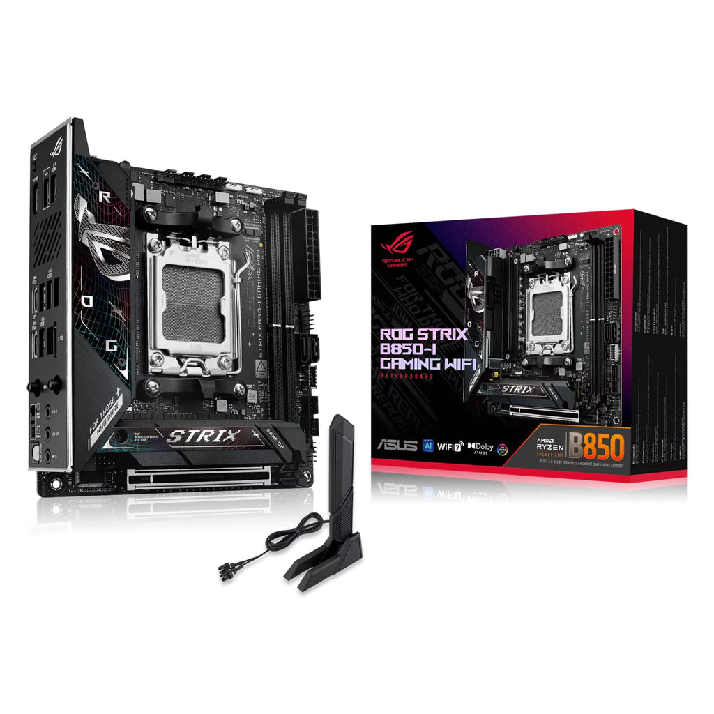 ASUS ROG STRIX B850-I GAMING WIFI — vue en perspective à 45 degrés sur fond blanc carré — réf. 90MB1K30-M0EAY0