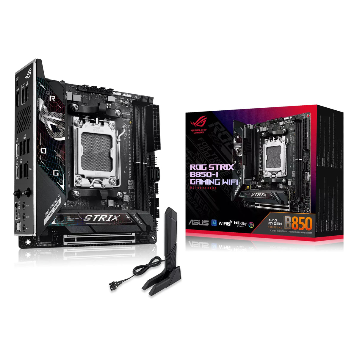 ASUS ROG STRIX B850-I GAMING WIFI — vue en perspective à 45 degrés sur fond blanc carré — réf. 90MB1K30-M0EAY0