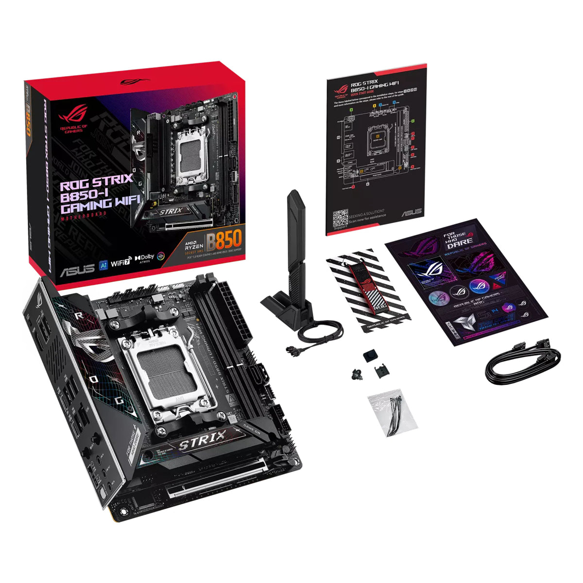 ASUS ROG STRIX B850-I GAMING WIFI — vue avec emballage sur fond blanc carré — réf. 90MB1K30-M0EAY0