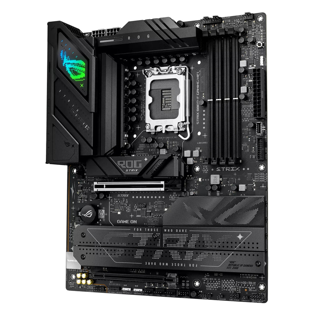 ASUS ROG STRIX B860-F GAMING WIFI — vue en perspective à 45 degrés sur fond blanc carré — réf. 90MB1JG0-M0EAY0