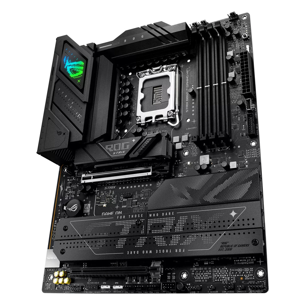 ASUS ROG STRIX B860-F GAMING WIFI — vue en perspective à 60 degrés sur fond blanc carré — réf. 90MB1JG0-M0EAY0
