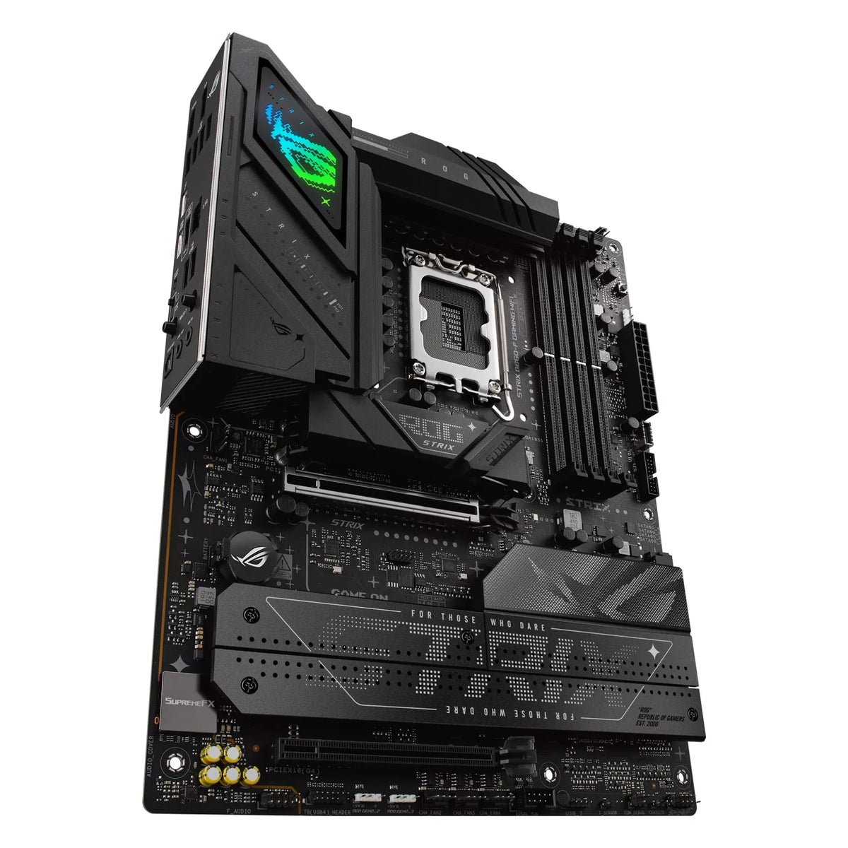 ASUS ROG STRIX B860-F GAMING WIFI — vue en perspective à 60 degrés sur fond blanc carré — réf. 90MB1JG0-M0EAY0