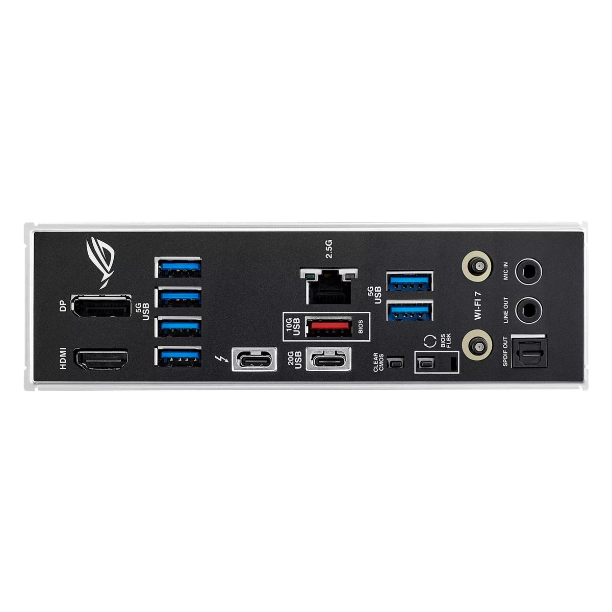 ASUS ROG STRIX B860-F GAMING WIFI — connectique arrière sur fond blanc carré — réf. 90MB1JG0-M0EAY0