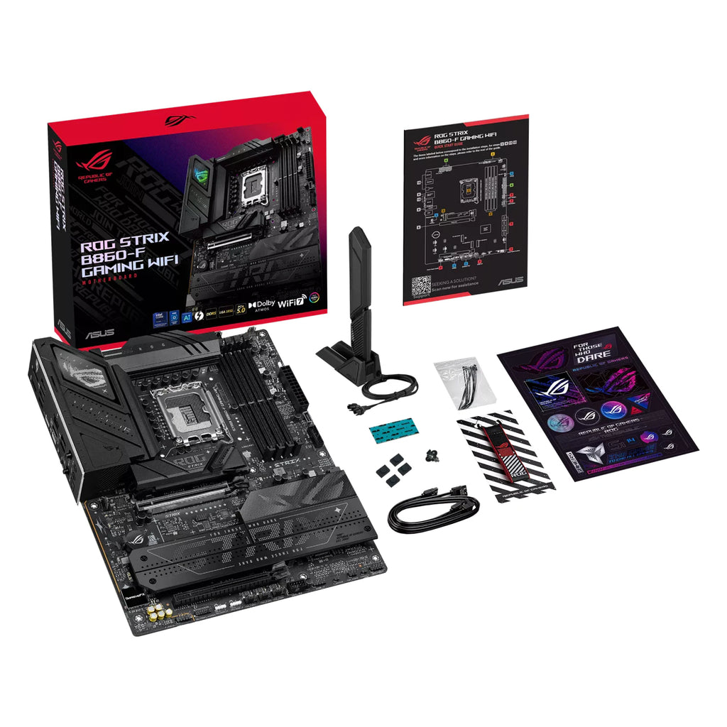 ASUS ROG STRIX B860-F GAMING WIFI — vue avec emballage sur fond blanc carré — réf. 90MB1JG0-M0EAY0