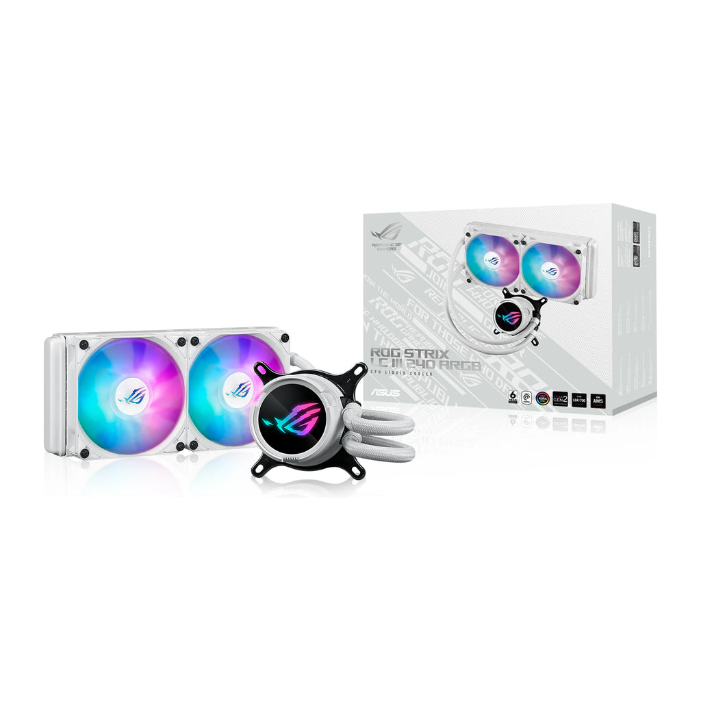 ASUS ROG Strix LC III 240 ARGB Blanc — vue produit 7 du watercooling AIO sur fond blanc carré — réf. 90RC00S2-M0UAY0