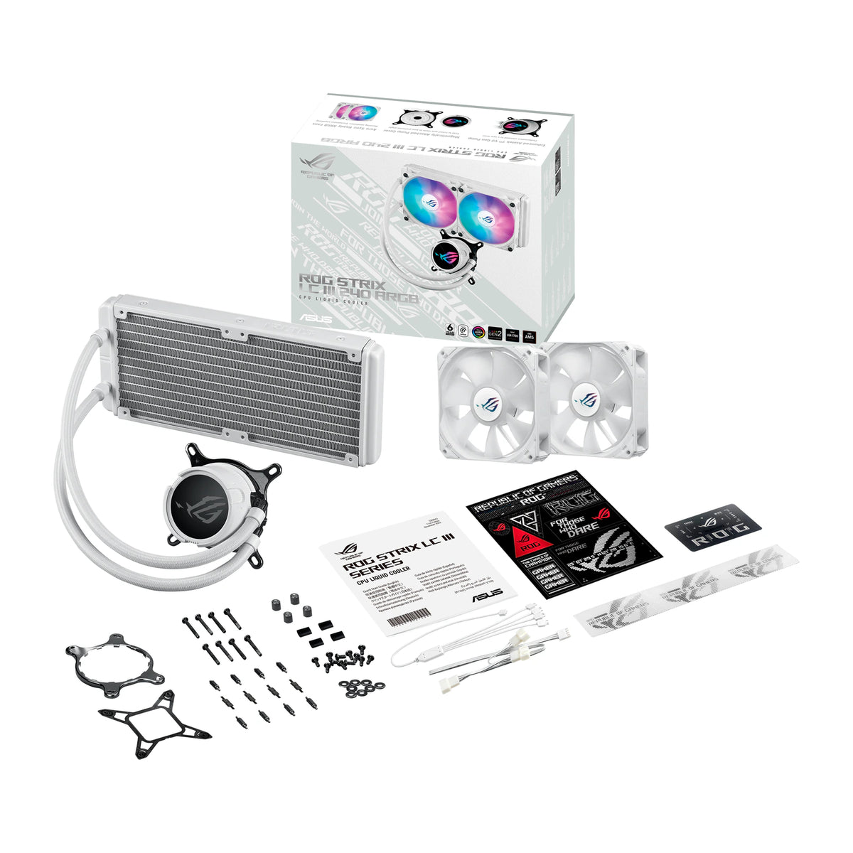 ASUS ROG Strix LC III 240 ARGB Blanc — vue produit 8 du watercooling AIO sur fond blanc carré — réf. 90RC00S2-M0UAY0