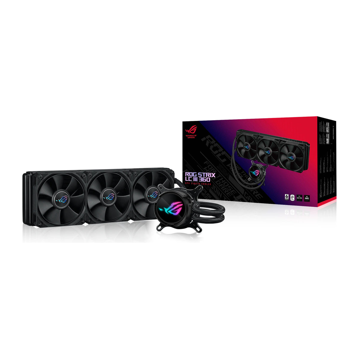 ASUS ROG Strix LC III 360 Noir — vue produit 7 du watercooling AIO sur fond blanc carré — réf. 90RC00T0-M0UAY0