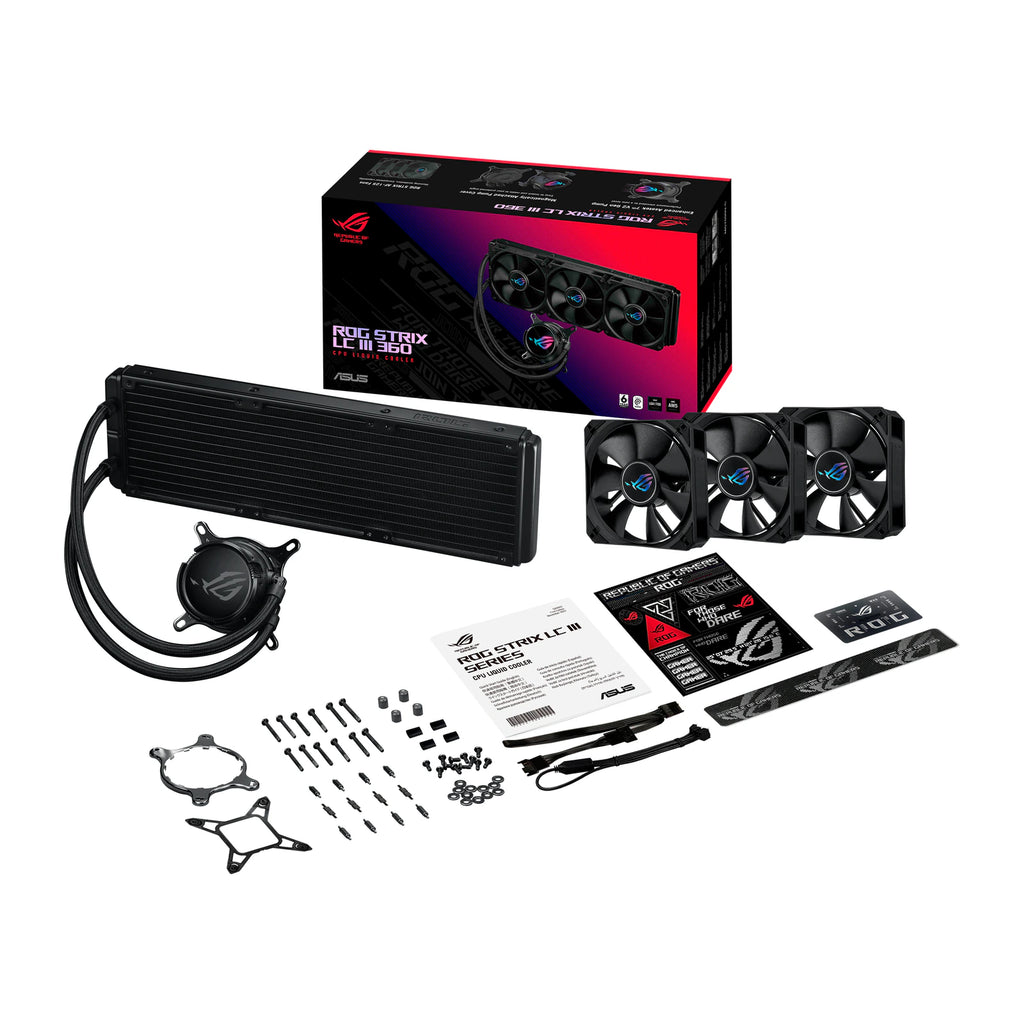 ASUS ROG Strix LC III 360 Noir — vue produit 8 du watercooling AIO sur fond blanc carré — réf. 90RC00T0-M0UAY0