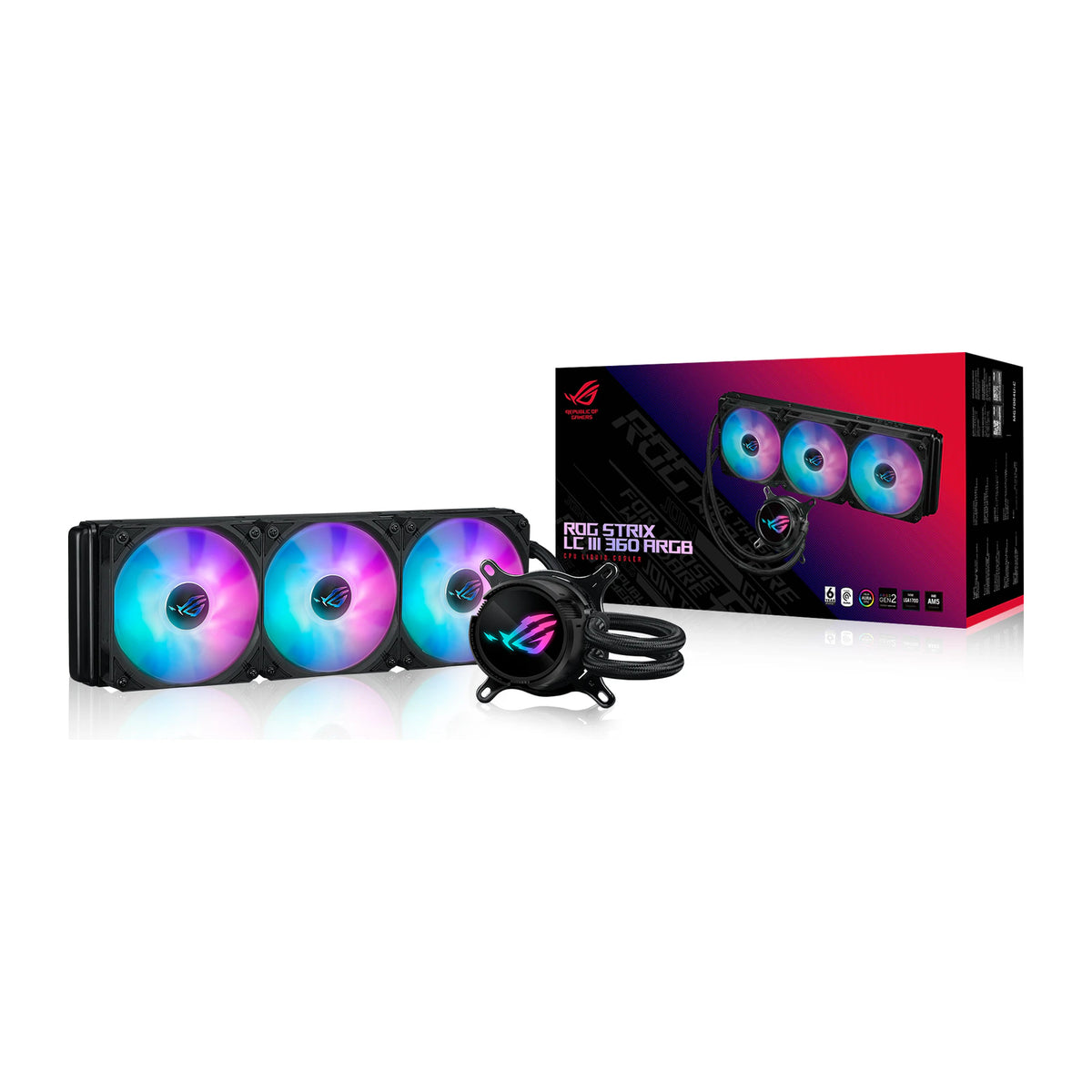 ASUS ROG Strix LC III 360 ARGB Noir — vue produit 7 du watercooling AIO sur fond blanc carré — réf. 90RC00T1-M0UAY0