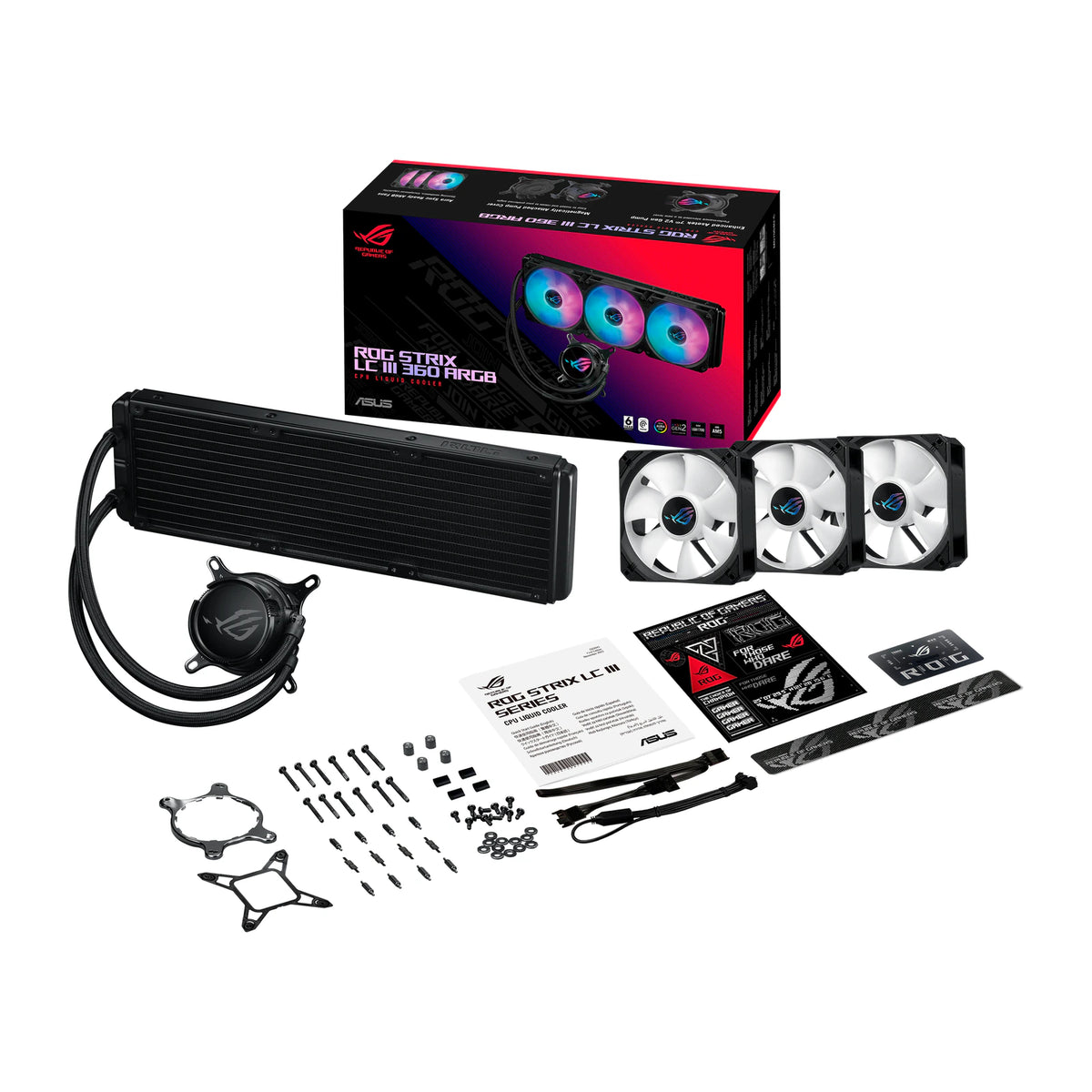 ASUS ROG Strix LC III 360 ARGB Noir — vue produit 8 du watercooling AIO sur fond blanc carré — réf. 90RC00T1-M0UAY0