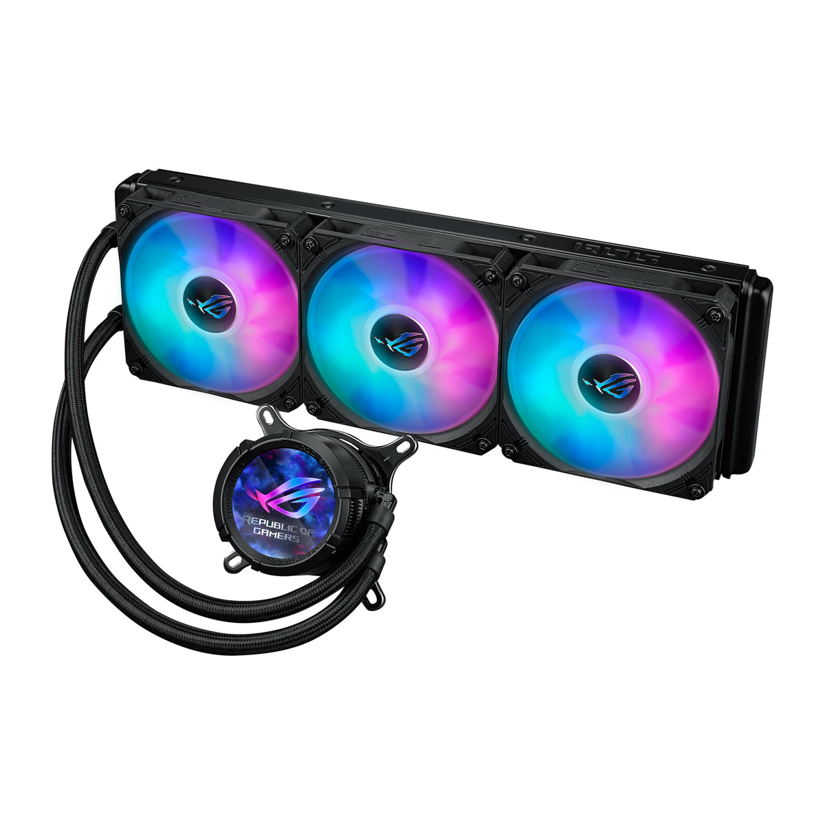 ASUS ROG STRIX LC III 360 ARGB LCD Noir — vue de l’écran du watercooling AIO sur fond blanc carré — réf. 90RC00W1-M0UAY0