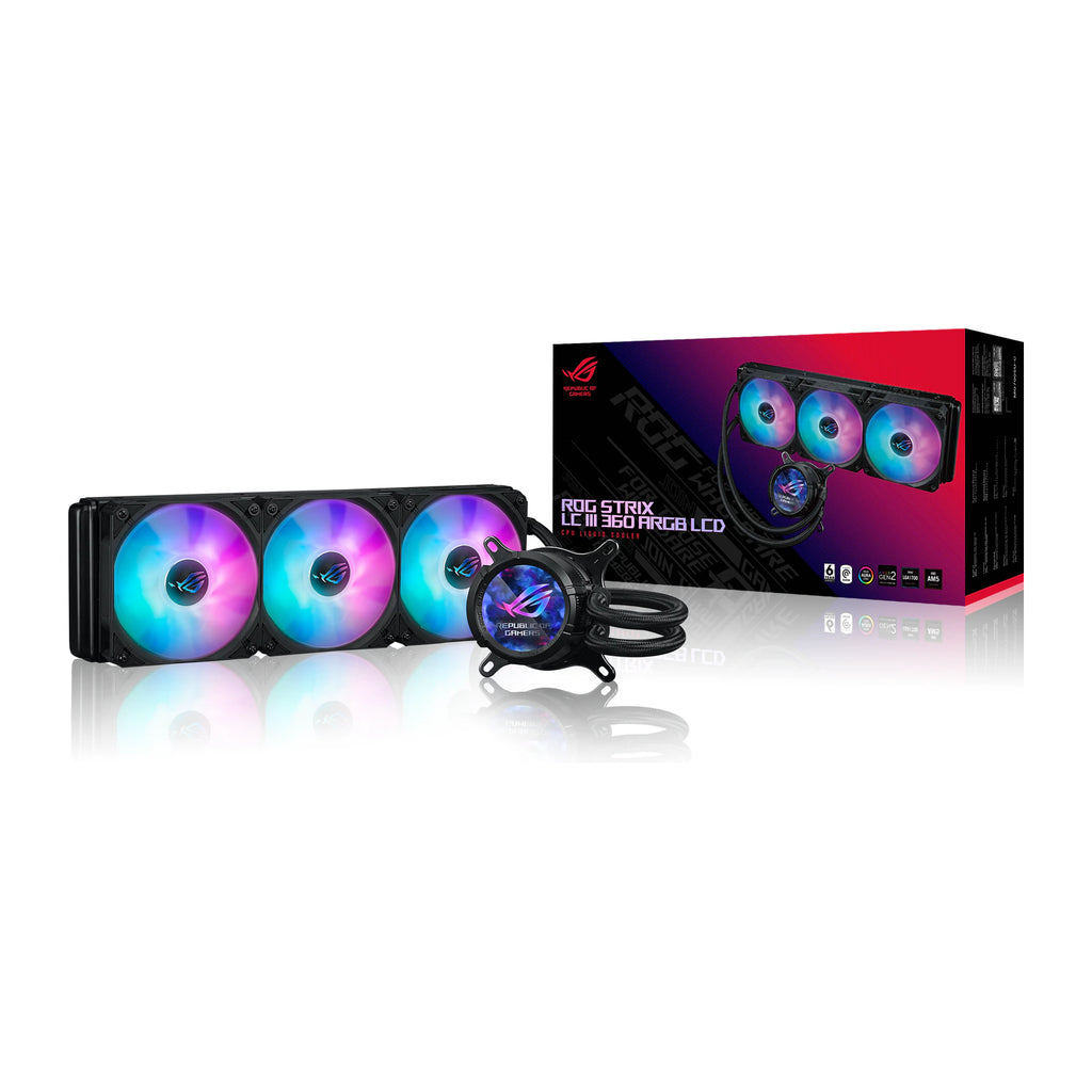 ASUS ROG STRIX LC III 360 ARGB LCD Noir — vue de l’écran 8 du watercooling AIO sur fond blanc carré — réf. 90RC00W1-M0UAY0