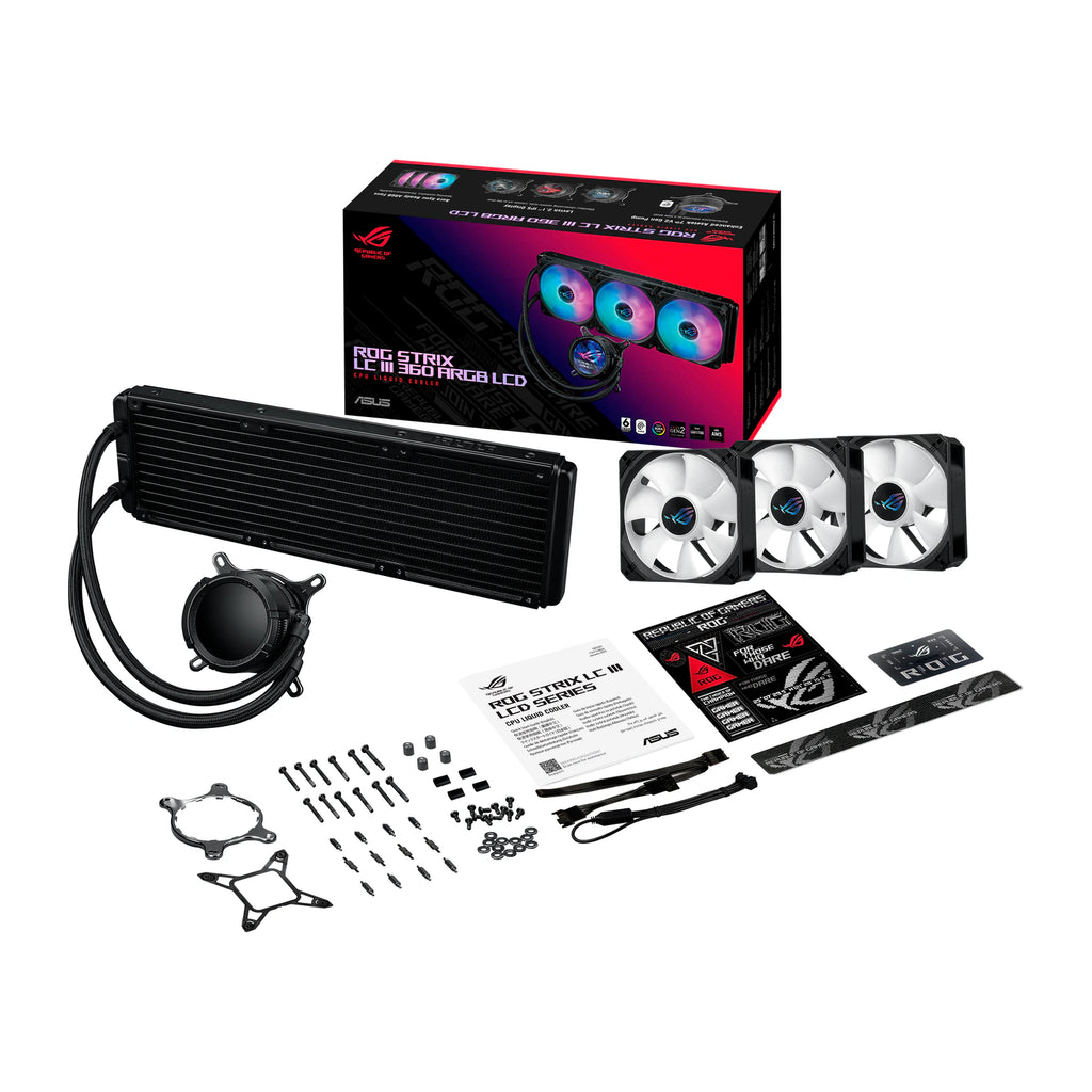 ASUS ROG STRIX LC III 360 ARGB LCD Noir — vue de l’écran 9 du watercooling AIO sur fond blanc carré — réf. 90RC00W1-M0UAY0