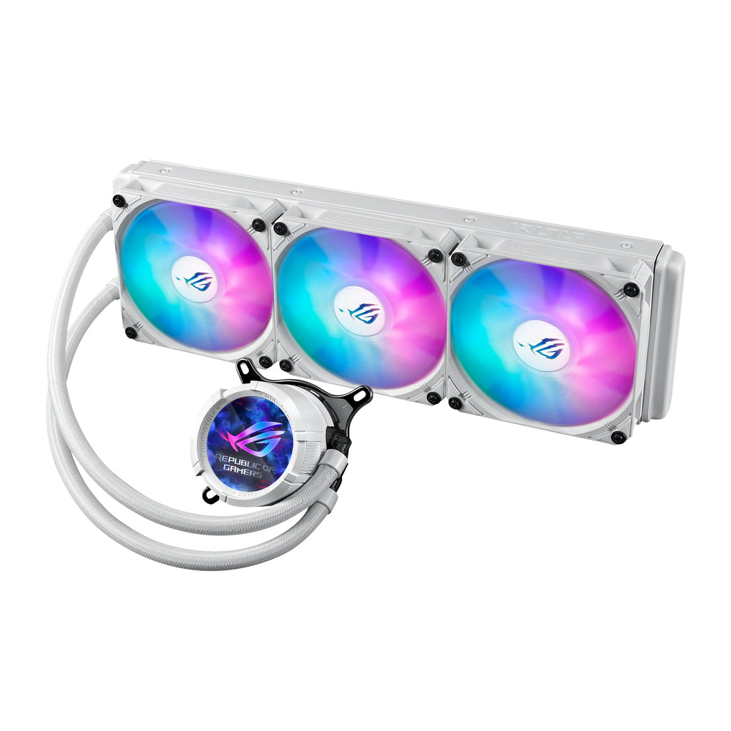 ASUS ROG STRIX LC III 360 ARGB LCD Blanc — vue de l’écran du watercooling AIO sur fond blanc carré — réf. 90RC00W2-M0UAY0
