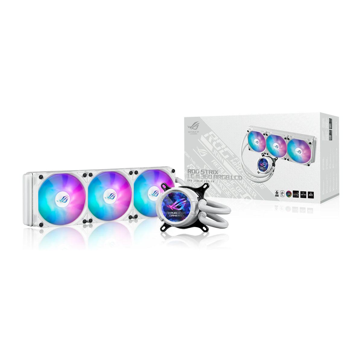 ASUS ROG STRIX LC III 360 ARGB LCD Blanc — vue de l’écran 8 du watercooling AIO sur fond blanc carré — réf. 90RC00W2-M0UAY0