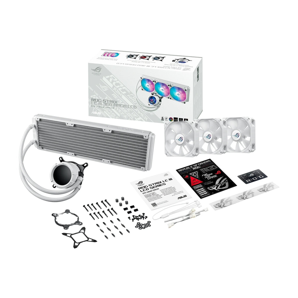 ASUS ROG STRIX LC III 360 ARGB LCD Blanc — vue de l’écran 9 du watercooling AIO sur fond blanc carré — réf. 90RC00W2-M0UAY0