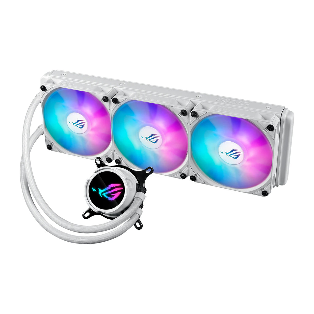 ASUS ROG Strix LC III 360 ARGB Blanc — vue produit 2 du watercooling AIO sur fond blanc carré — réf. 90RC00T2-M0UAY0
