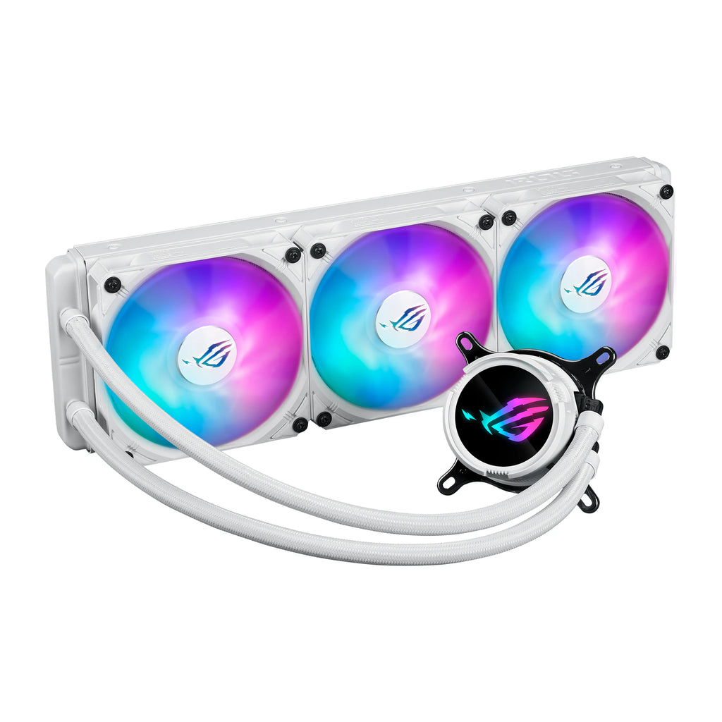 ASUS ROG Strix LC III 360 ARGB Blanc — vue produit 3 du watercooling AIO sur fond blanc carré — réf. 90RC00T2-M0UAY0