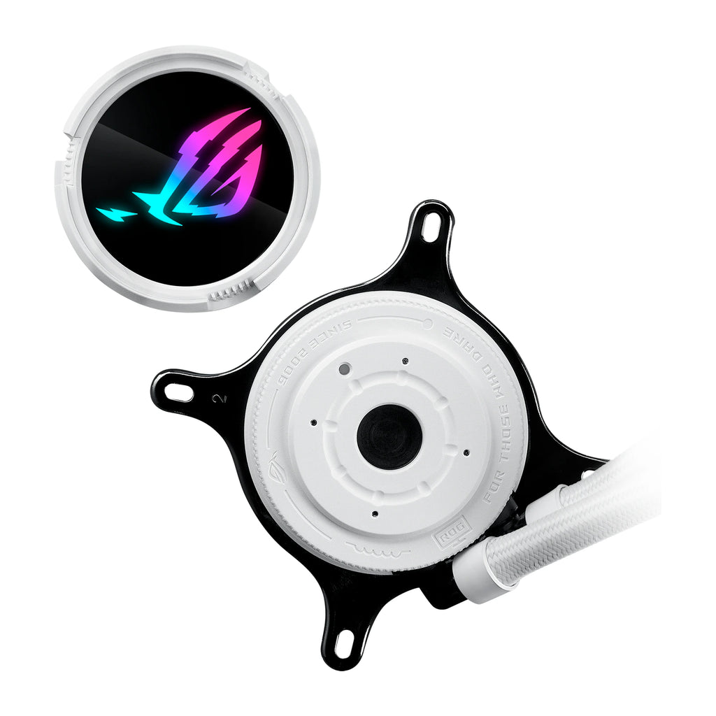 ASUS ROG Strix LC III 360 ARGB Blanc — vue produit 4 du watercooling AIO sur fond blanc carré — réf. 90RC00T2-M0UAY0