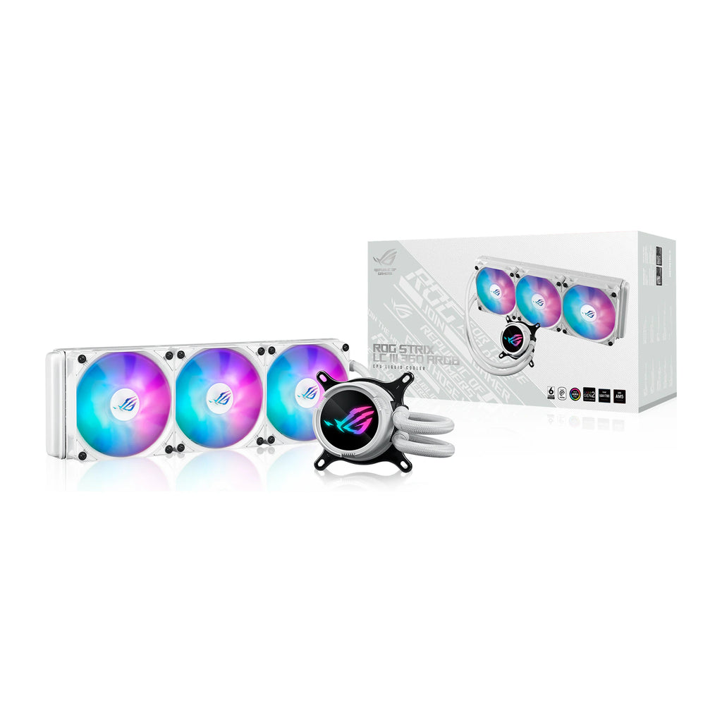 ASUS ROG Strix LC III 360 ARGB Blanc — vue produit 7 du watercooling AIO sur fond blanc carré — réf. 90RC00T2-M0UAY0