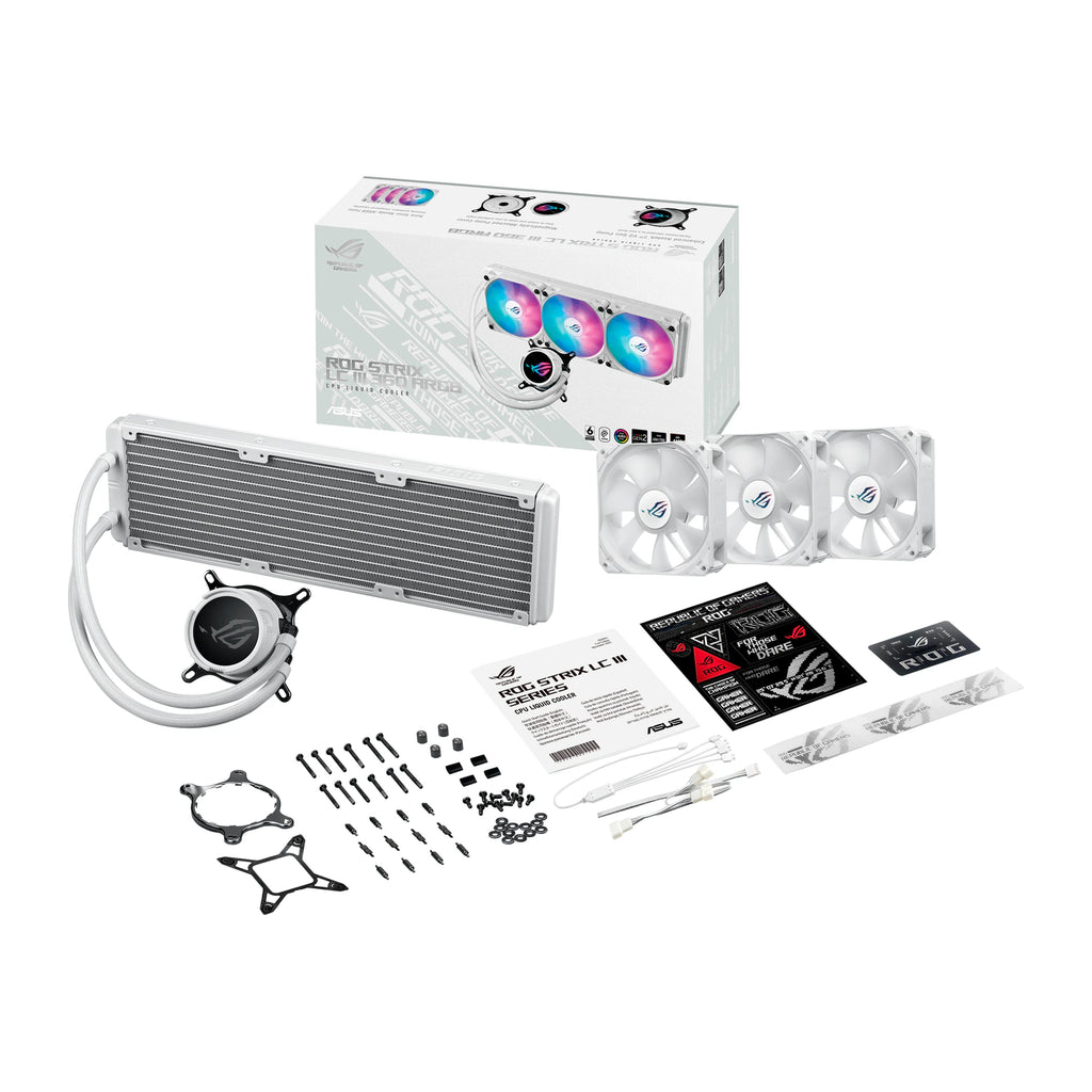 ASUS ROG Strix LC III 360 ARGB Blanc — vue produit 8 du watercooling AIO sur fond blanc carré — réf. 90RC00T2-M0UAY0