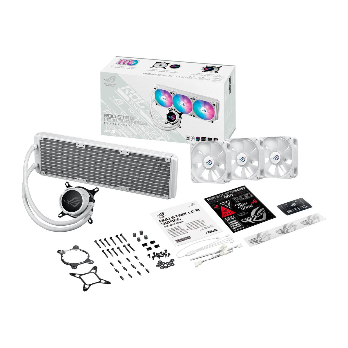 ASUS ROG Strix LC III 360 ARGB Blanc — vue produit 8 du watercooling AIO sur fond blanc carré — réf. 90RC00T2-M0UAY0