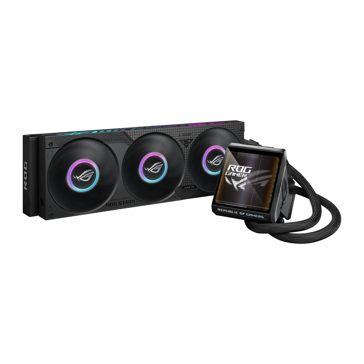 ASUS ROG Strix LC IV 360 ARGB LCD Noir — vue principale du watercooling AIO sur fond blanc carré — réf. 90RC01M1-B0EAY0