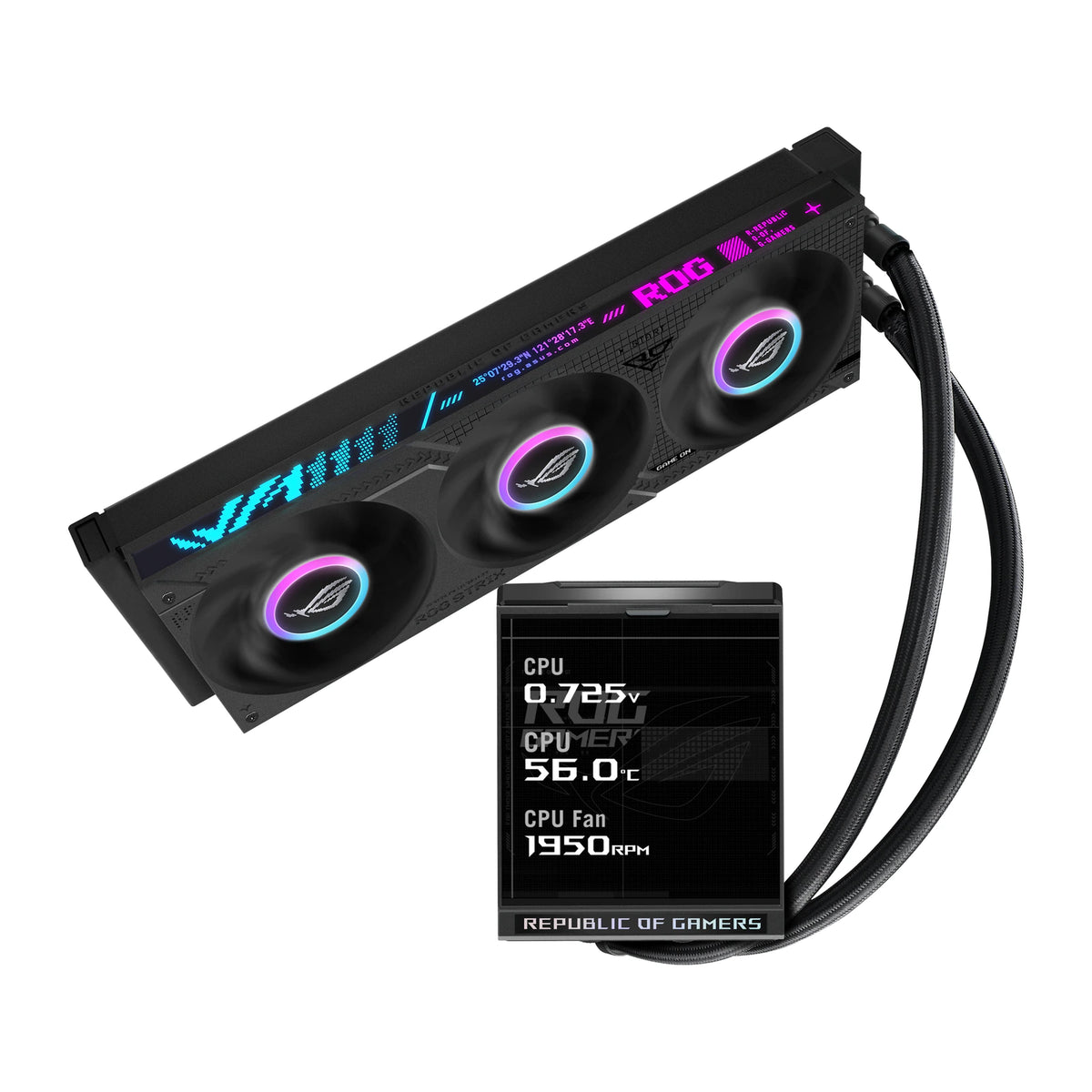 ASUS ROG Strix LC IV 360 ARGB LCD Noir — vue de l’écran du watercooling AIO sur fond blanc carré — réf. 90RC01M1-B0EAY0