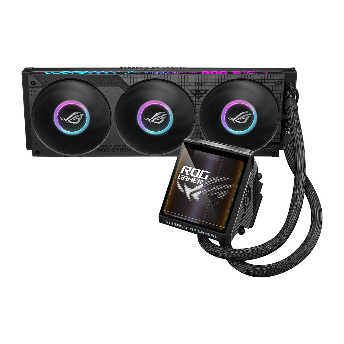 ASUS ROG Strix LC IV 360 ARGB LCD Noir — vue de l’écran 2 du watercooling AIO sur fond blanc carré — réf. 90RC01M1-B0EAY0