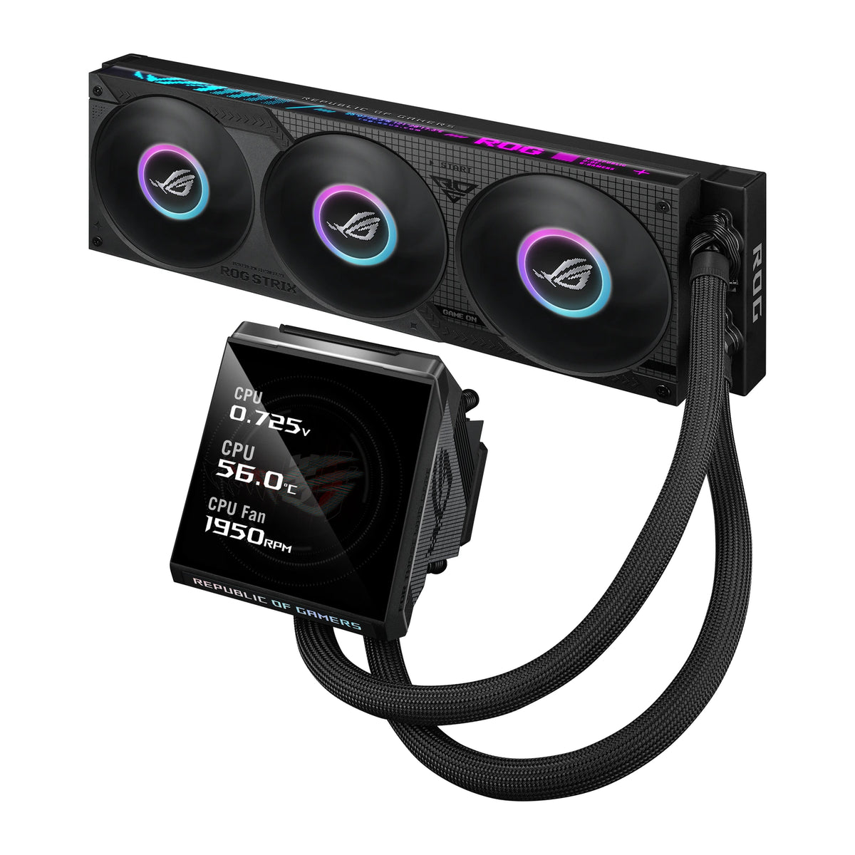 ASUS ROG Strix LC IV 360 ARGB LCD Noir — vue de l’écran 3 du watercooling AIO sur fond blanc carré — réf. 90RC01M1-B0EAY0