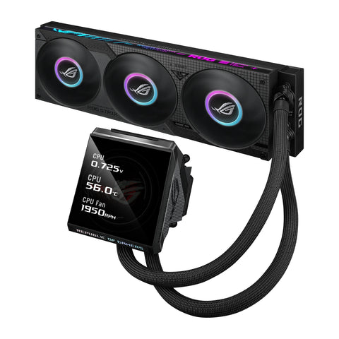 ASUS ROG Strix LC IV 360 ARGB LCD Noir — vue de l’écran 3 du watercooling AIO sur fond blanc carré — réf. 90RC01M1-B0EAY0