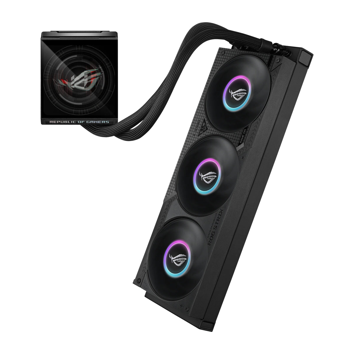 ASUS ROG Strix LC IV 360 ARGB LCD Noir — vue de l’écran 4 du watercooling AIO sur fond blanc carré — réf. 90RC01M1-B0EAY0