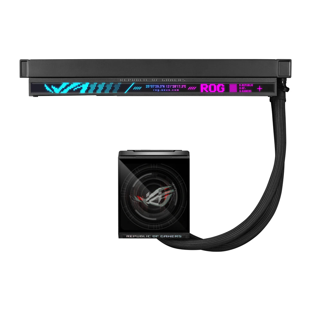 ASUS ROG Strix LC IV 360 ARGB LCD Noir — vue de l’écran 5 du watercooling AIO sur fond blanc carré — réf. 90RC01M1-B0EAY0