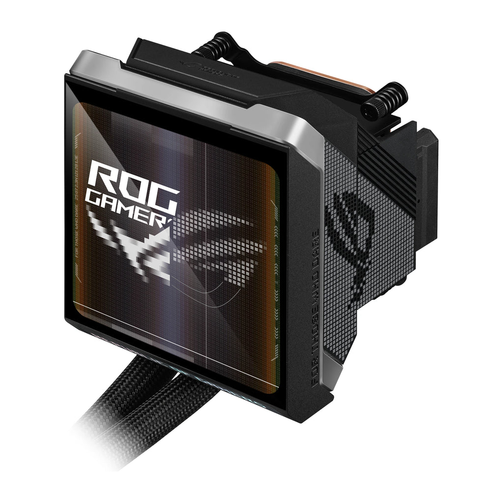 ASUS ROG Strix LC IV 360 ARGB LCD Noir — vue latérale de la pompe du watercooling AIO sur fond blanc carré — réf. 90RC01M1-B0EAY0