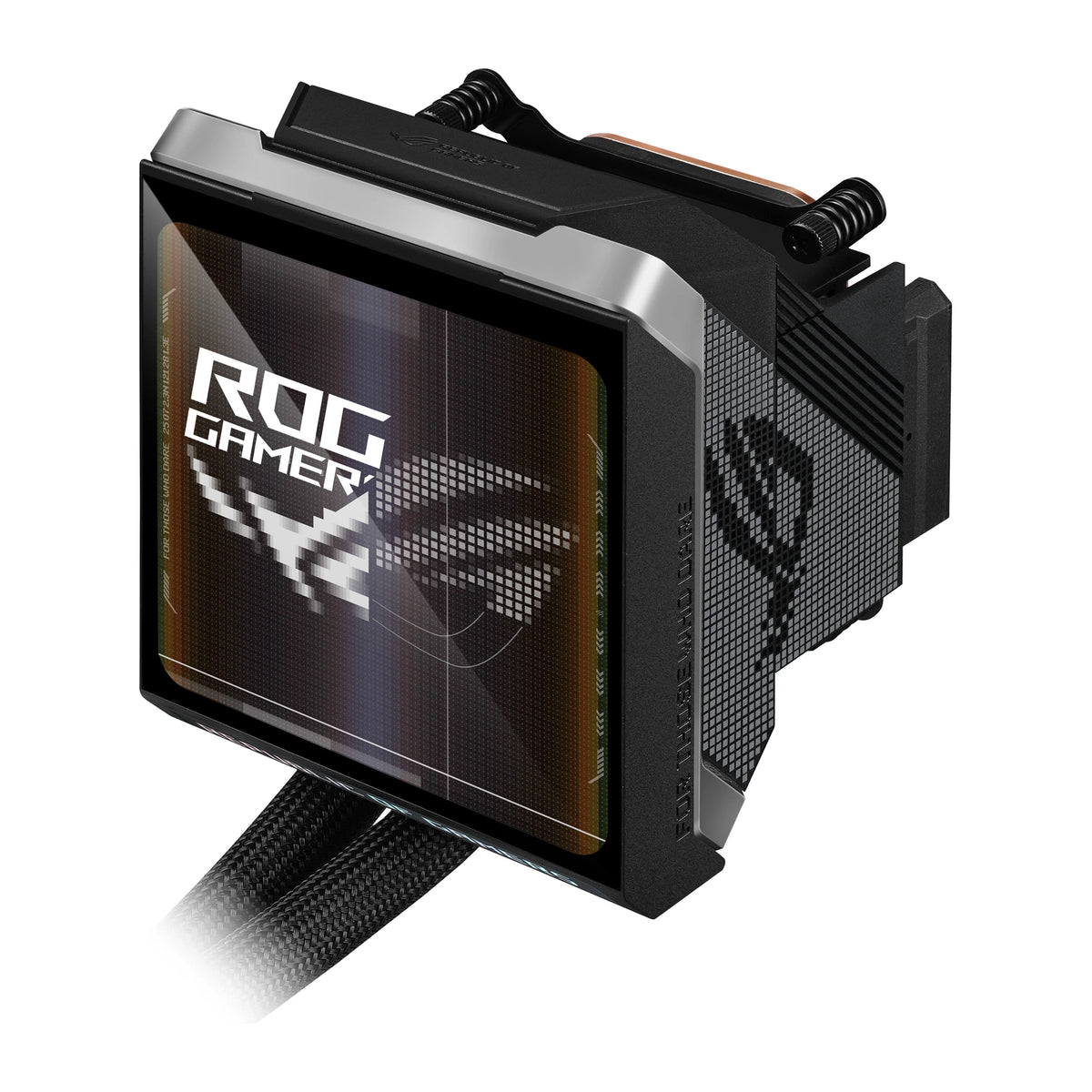 ASUS ROG Strix LC IV 360 ARGB LCD Noir — vue latérale de la pompe du watercooling AIO sur fond blanc carré — réf. 90RC01M1-B0EAY0