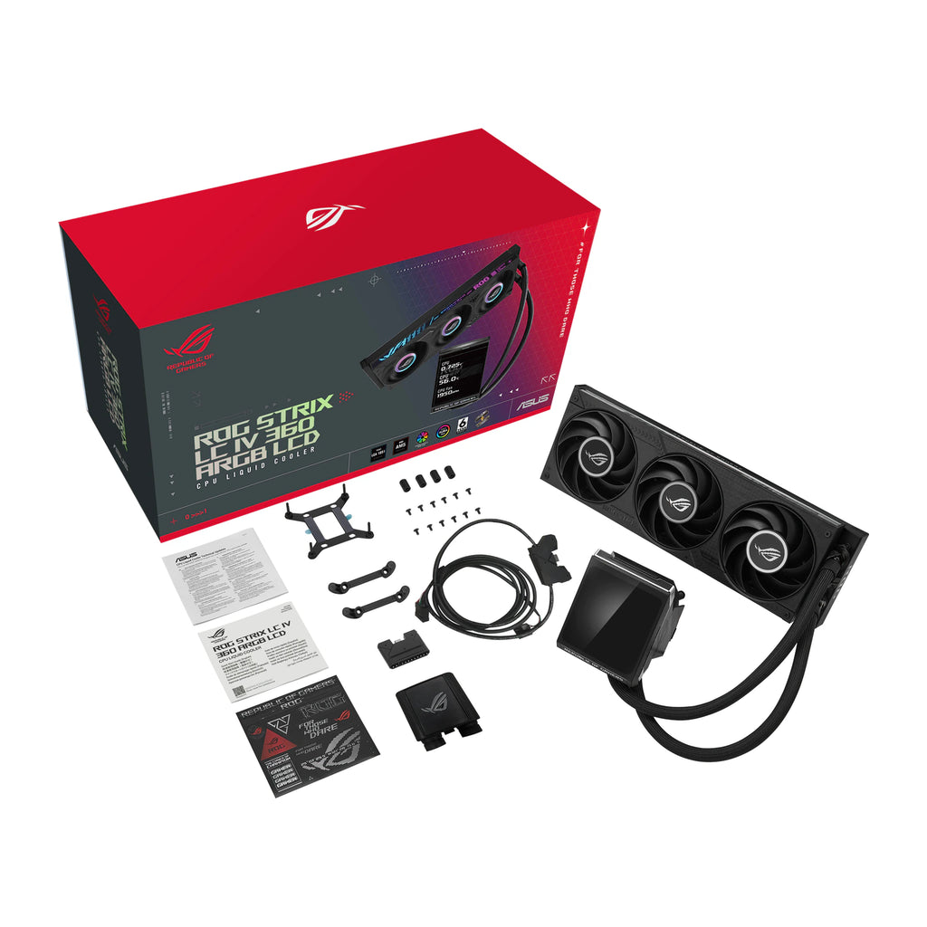 ASUS ROG Strix LC IV 360 ARGB LCD Noir — contenu et accessoires du watercooling AIO sur fond blanc carré — réf. 90RC01M1-B0EAY0