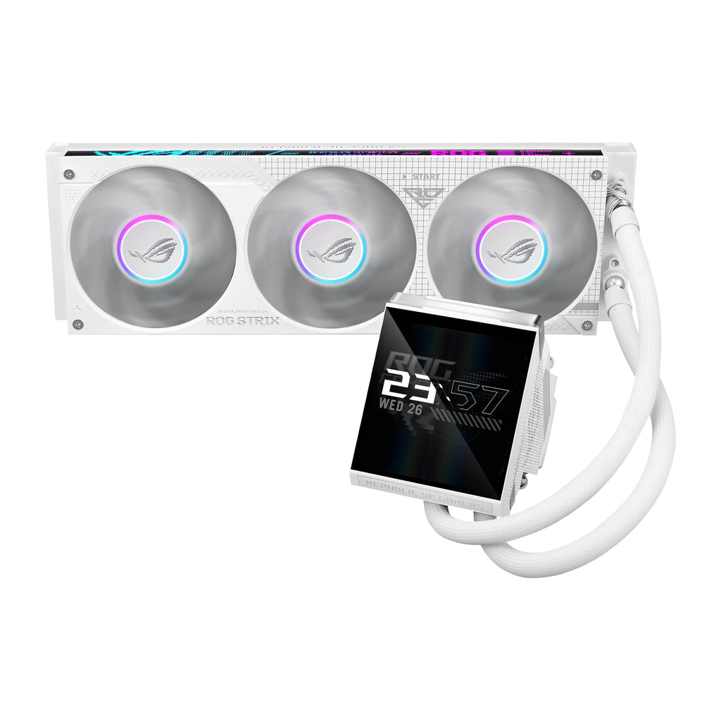 ASUS ROG Strix LC IV 360 ARGB LCD Blanc — vue principale du watercooling AIO sur fond blanc carré — réf. 90RC01M2-B0EAY0